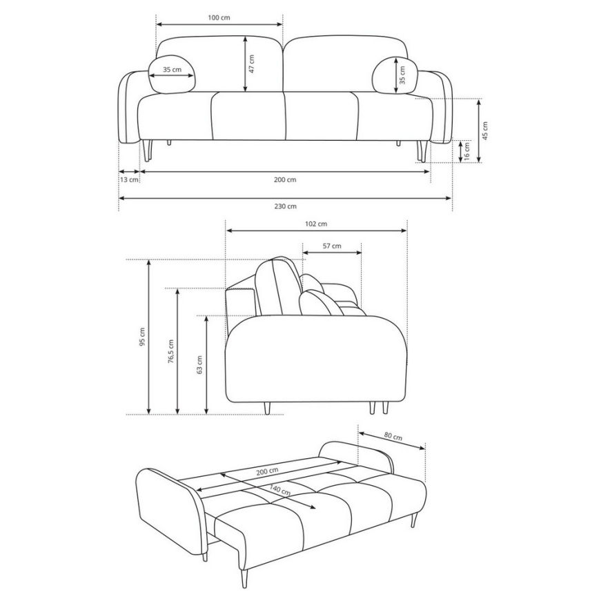 Uitklapbare gestoffeerde driezitsbank CLOUDY, blauw