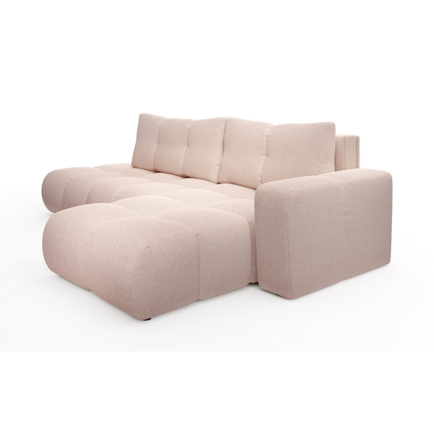 Uitschuifbare gestoffeerde hoekbank ALMADA met opbergruimte, L‑vorm, rechts, roze