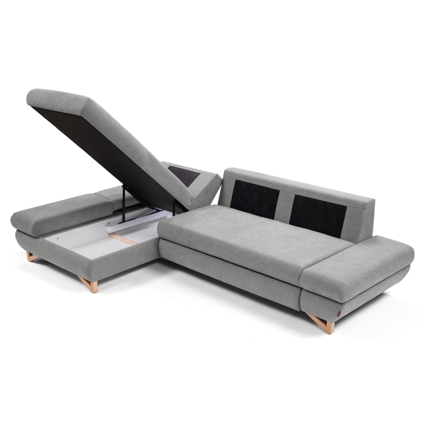 Comfortabele gestoffeerde L-vormige slaaphoekbank AVESTA met opbergruimte, linker opstelling, grijs