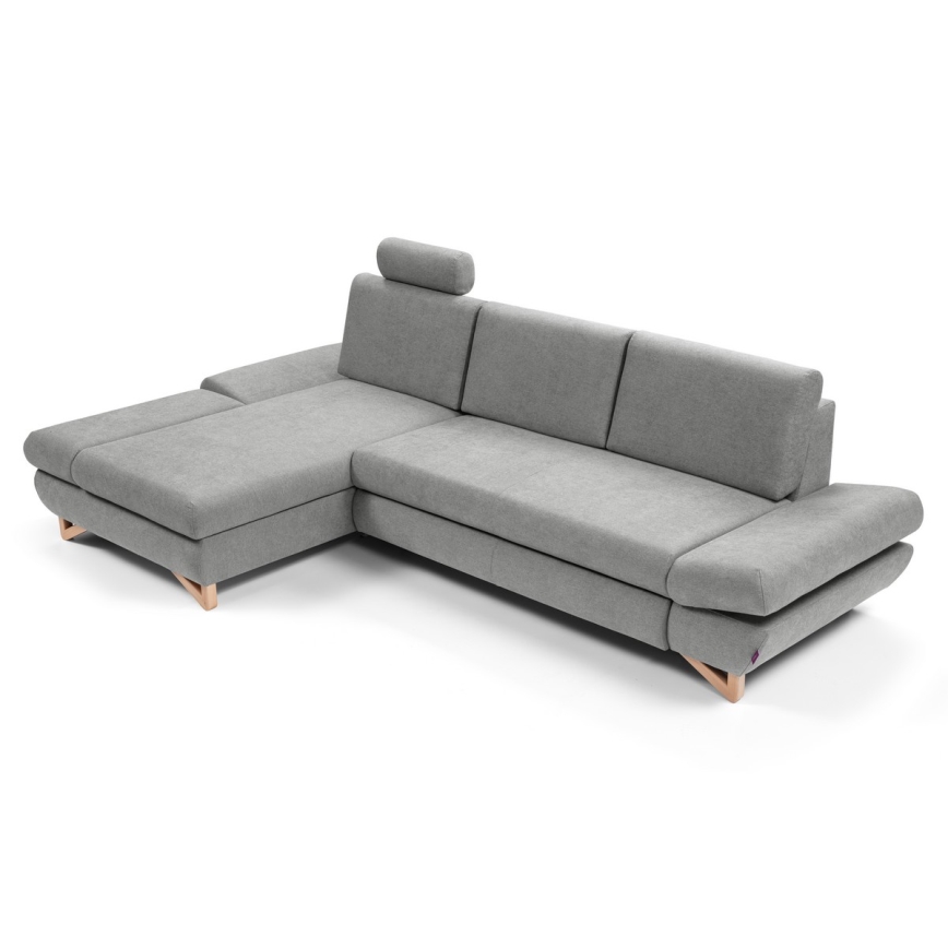Comfortabele gestoffeerde L-vormige slaaphoekbank AVESTA met opbergruimte, linker opstelling, grijs