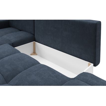 ALMADA uitklapbare gestoffeerde hoekbank in L‑vorm, linkerhoek, met opbergruimte, blauw