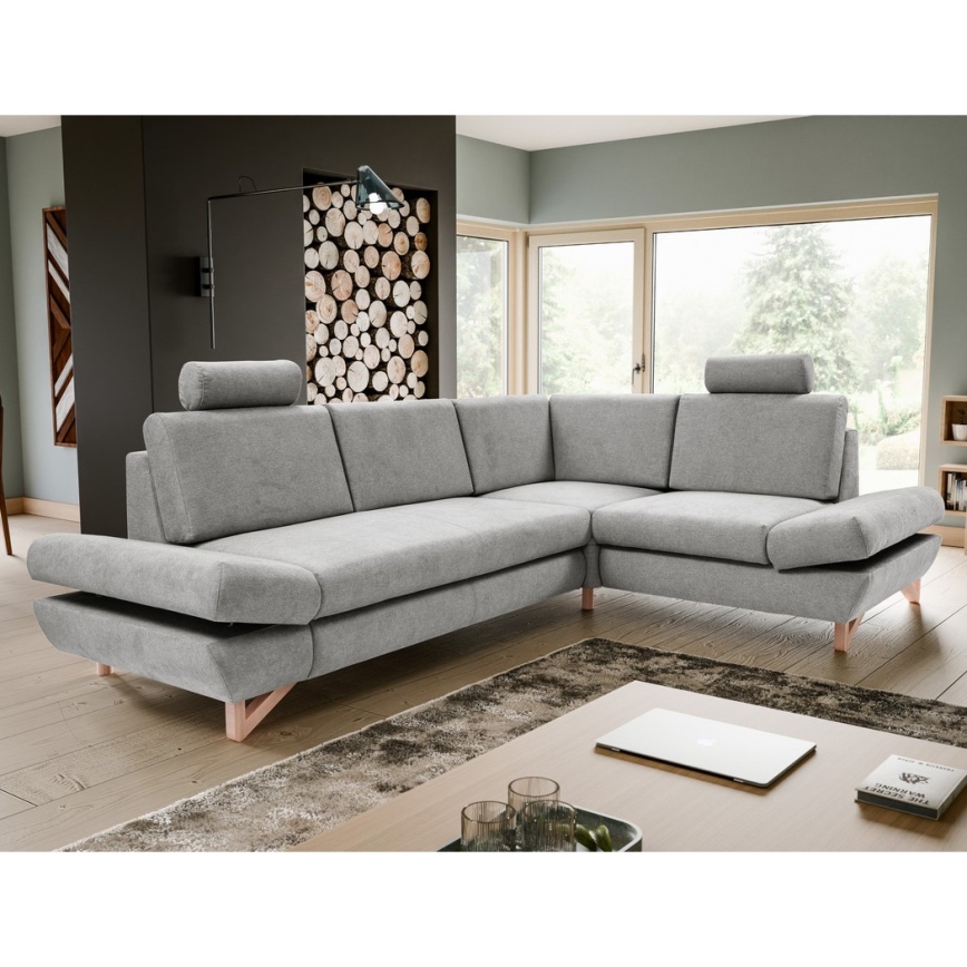 Uitklapbare gestoffeerde L-hoekbank AVESTA met opbergruimte, rechts, grijs