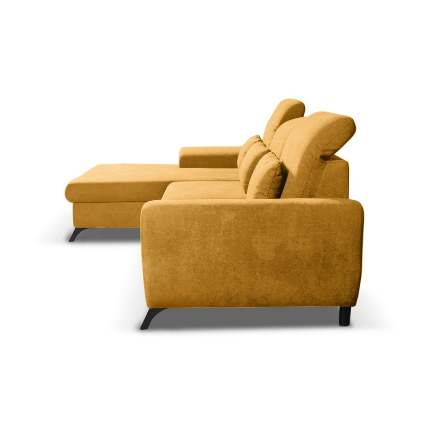Uitschuifbare gestoffeerde L‑vormige hoekbank met opbergruimte ALTA, links, geel
