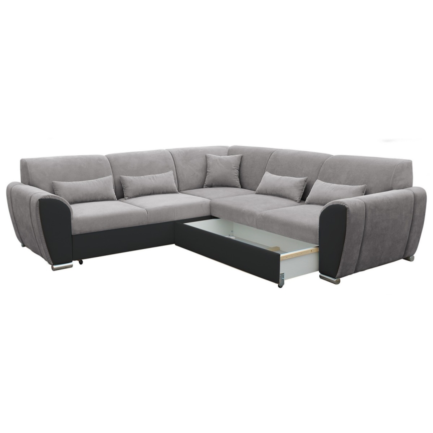 L-vormige hoekbank VISEU met slaapfunctie en opbergruimte, rechts, grijs/zwart