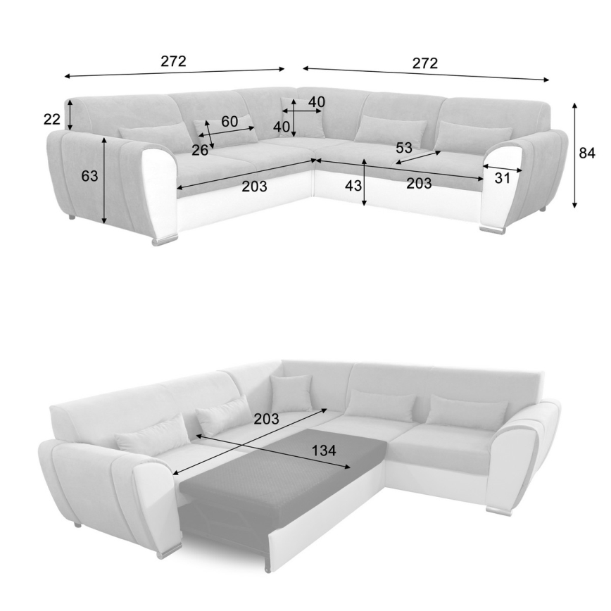 L-vormige hoekbank VISEU met slaapfunctie en opbergruimte, rechts, grijs/zwart