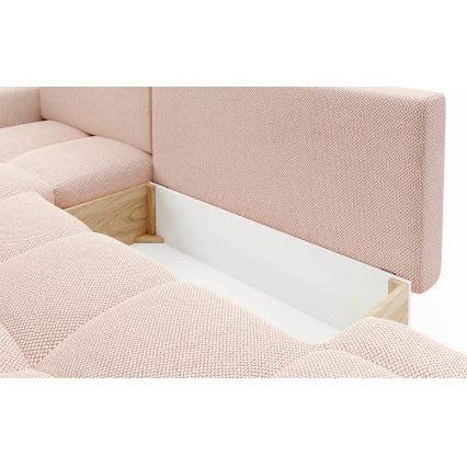 Comfortabele, gestoffeerde hoekbank ALMADA — uitklapbaar met opbergruimte, L-vorm, links, roze