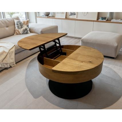 Uitklapbare salontafel met hefblad PURE Ø 80 cm eiken/zwart
