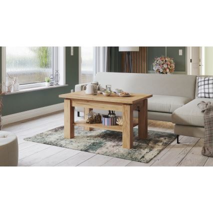 Uitschuifbare salontafel/eettafel met plank ADONIS eiken craft