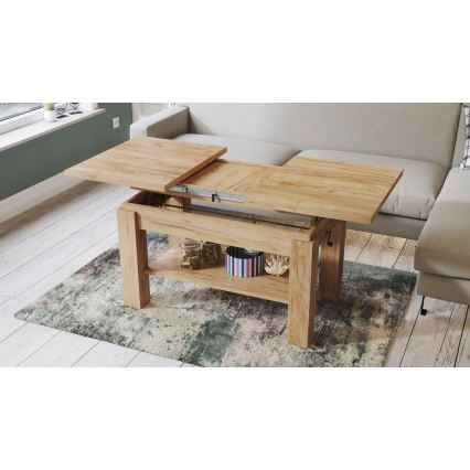 Uitschuifbare salontafel/eettafel met plank ADONIS eiken craft