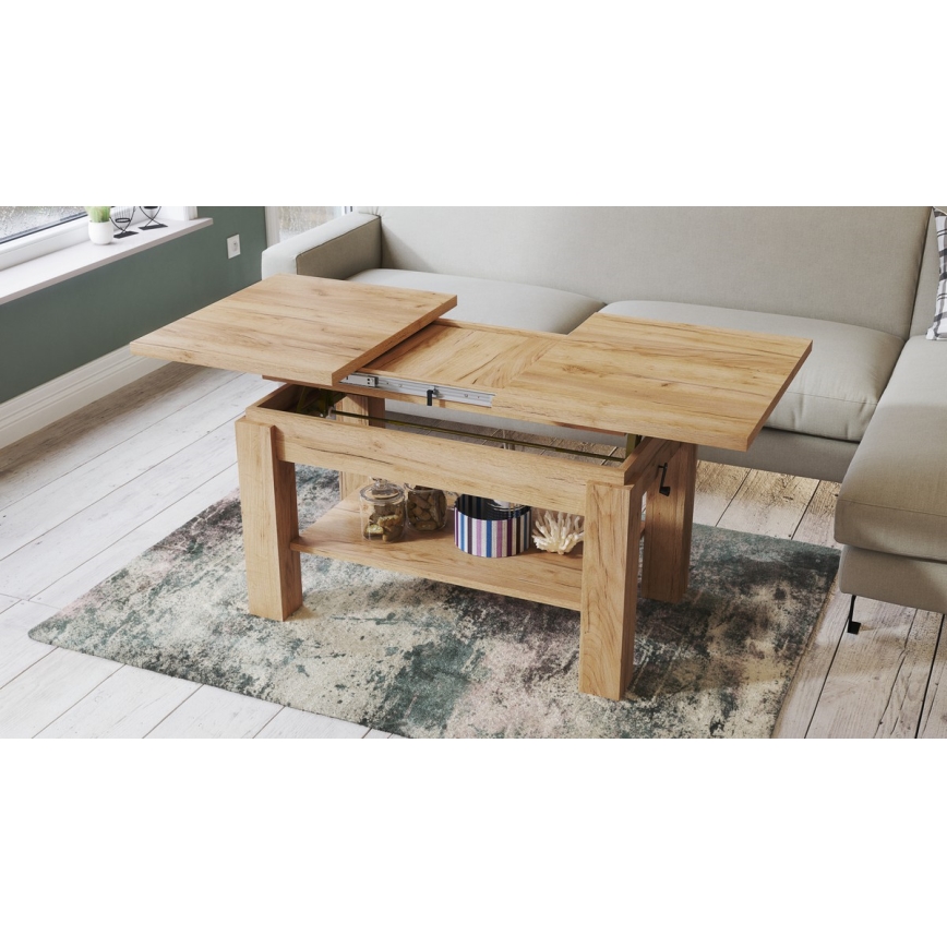 Uitschuifbare salontafel/eettafel met plank ADONIS eiken craft