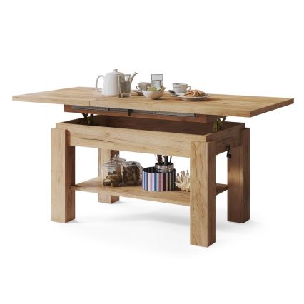 Uitschuifbare salontafel/eettafel met plank ADONIS eiken craft
