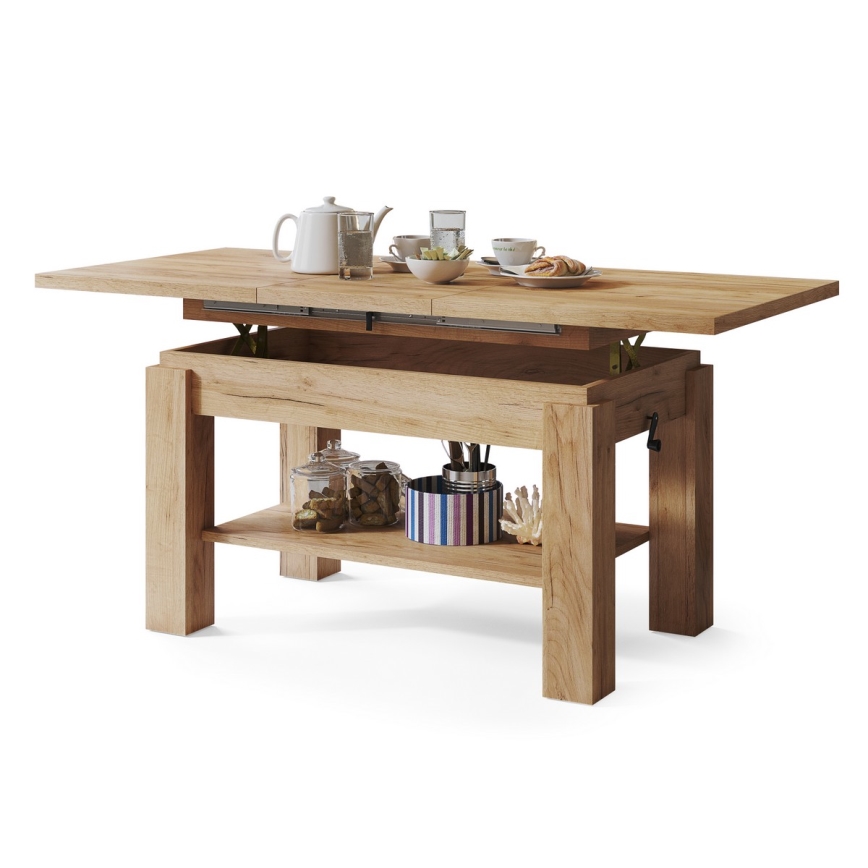 Uitschuifbare salontafel/eettafel met plank ADONIS eiken craft