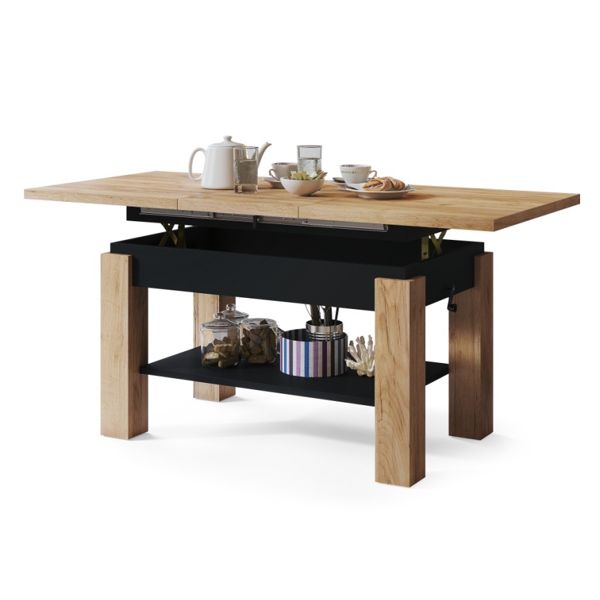 Uitschuifbare salontafel/eettafel met plank ADONIS eiken craft/zwart