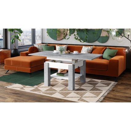 Uitschuifbare salontafel/eettafel met opklapbaar blad CALEB grijs beton/wit