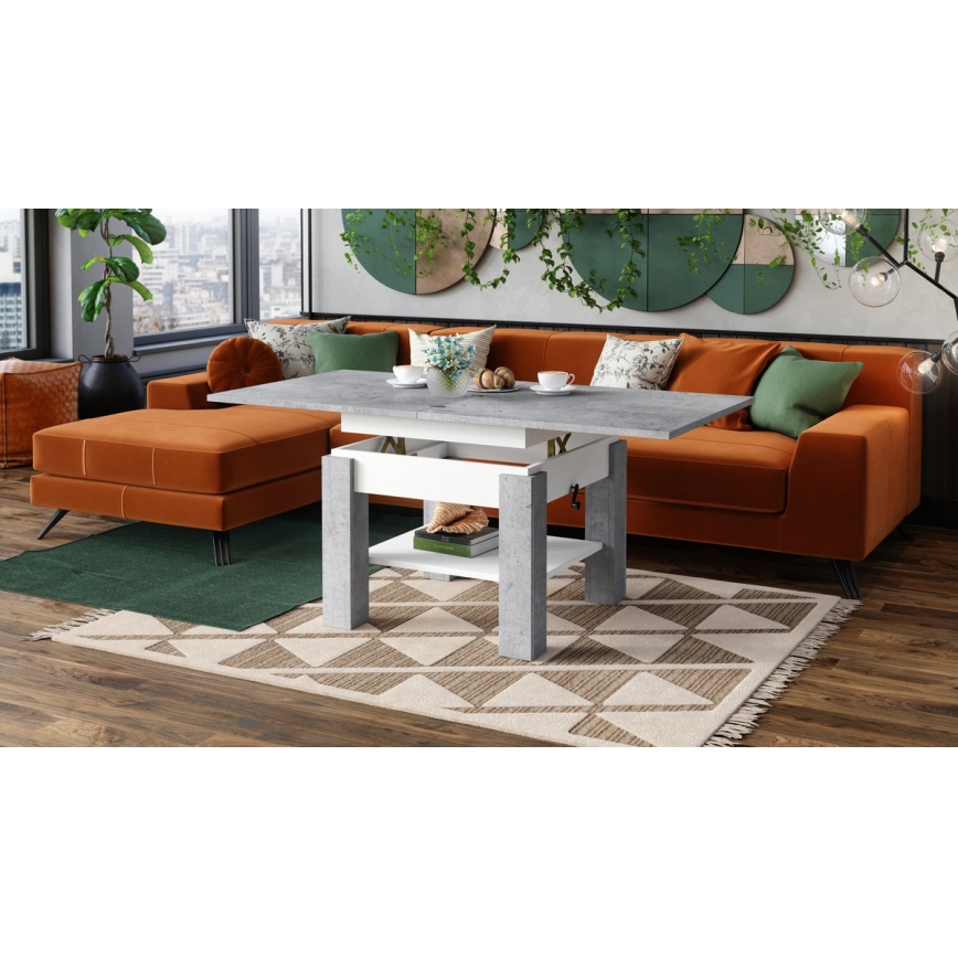 Uitschuifbare salontafel/eettafel met opklapbaar blad CALEB grijs beton/wit