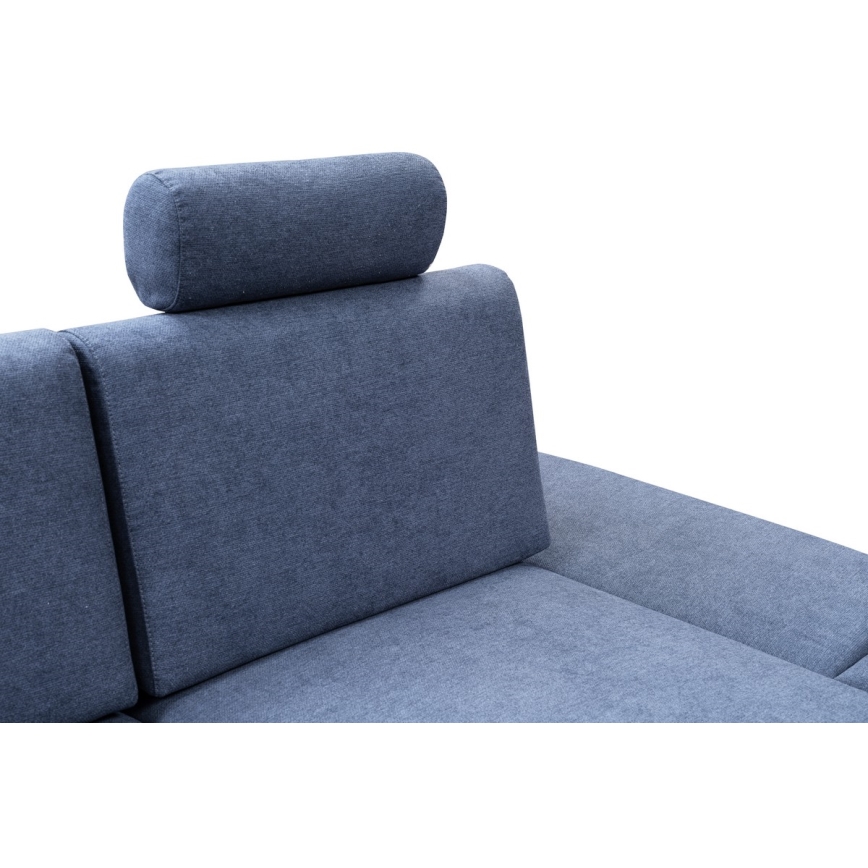 Uitklapbare, gestoffeerde hoekbank AVESTA, L‑vormig met opbergruimte, rechter opstelling, blauw