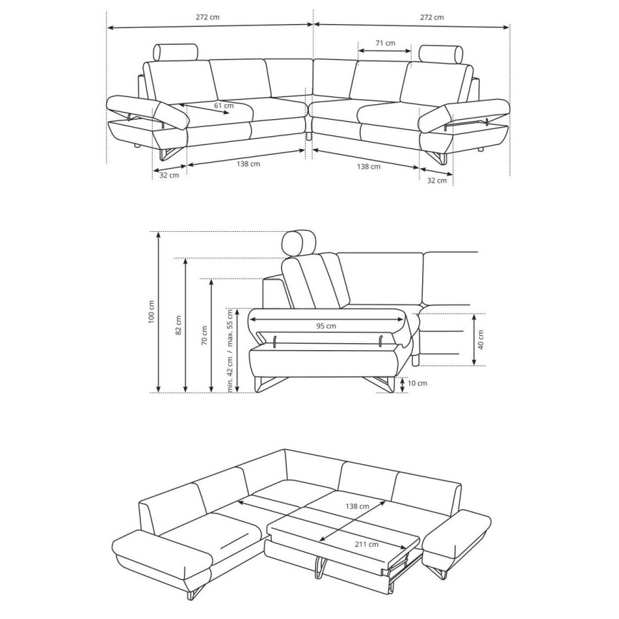 Uitschuifbare gestoffeerde hoekbank in L‑vorm met opbergruimte AVESTA, grijs
