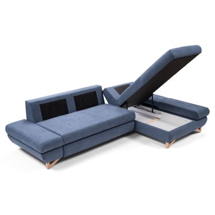 Uitklapbare gestoffeerde hoekbank AVESTA, L-vormig, met opbergruimte, rechts, blauw