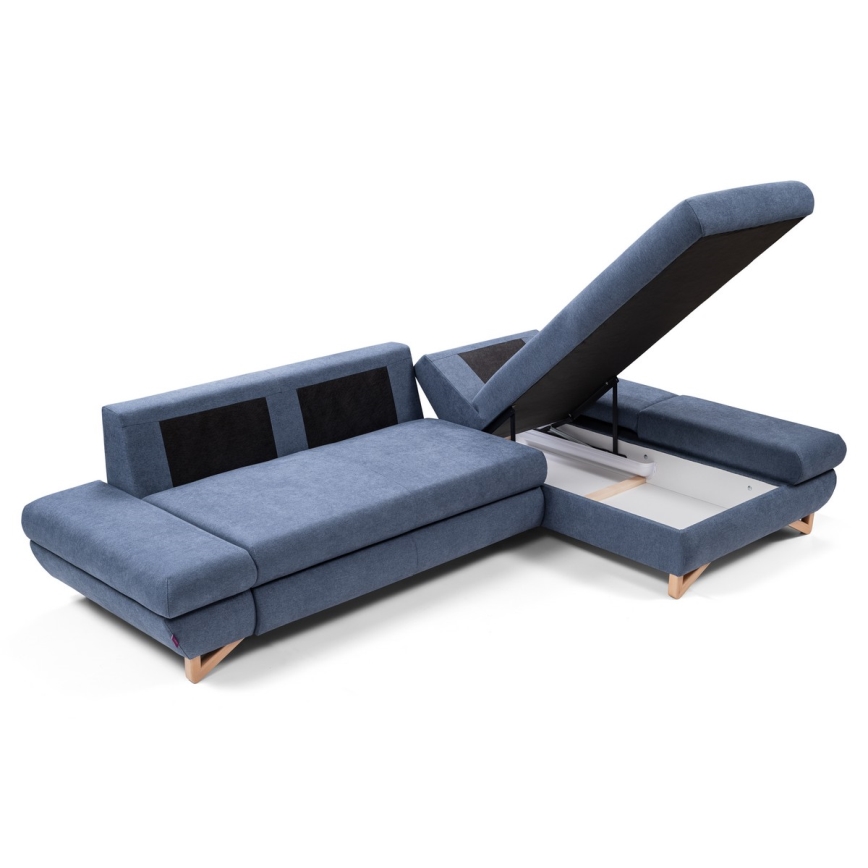 Uitklapbare gestoffeerde hoekbank AVESTA, L-vormig, met opbergruimte, rechts, blauw