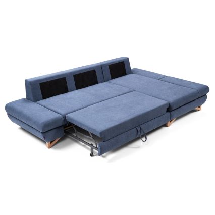 Uitklapbare gestoffeerde hoekbank AVESTA, L-vormig, met opbergruimte, rechts, blauw