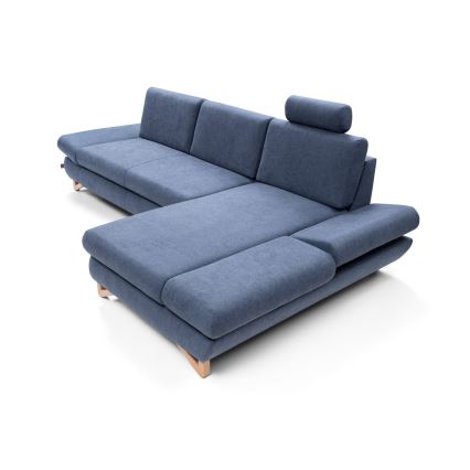 Uitklapbare gestoffeerde hoekbank AVESTA, L-vormig, met opbergruimte, rechts, blauw