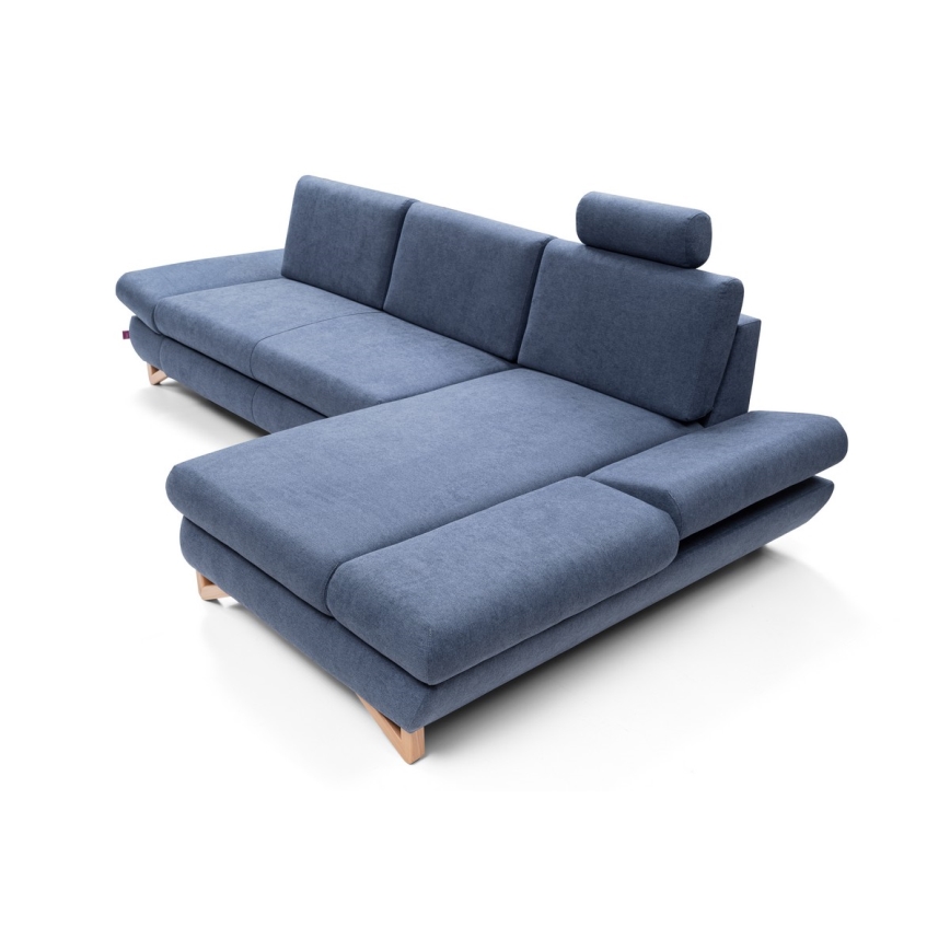 Uitklapbare gestoffeerde hoekbank AVESTA, L-vormig, met opbergruimte, rechts, blauw