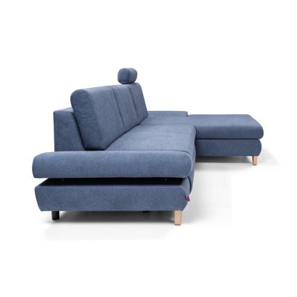 Uitklapbare gestoffeerde hoekbank AVESTA, L-vormig, met opbergruimte, rechts, blauw