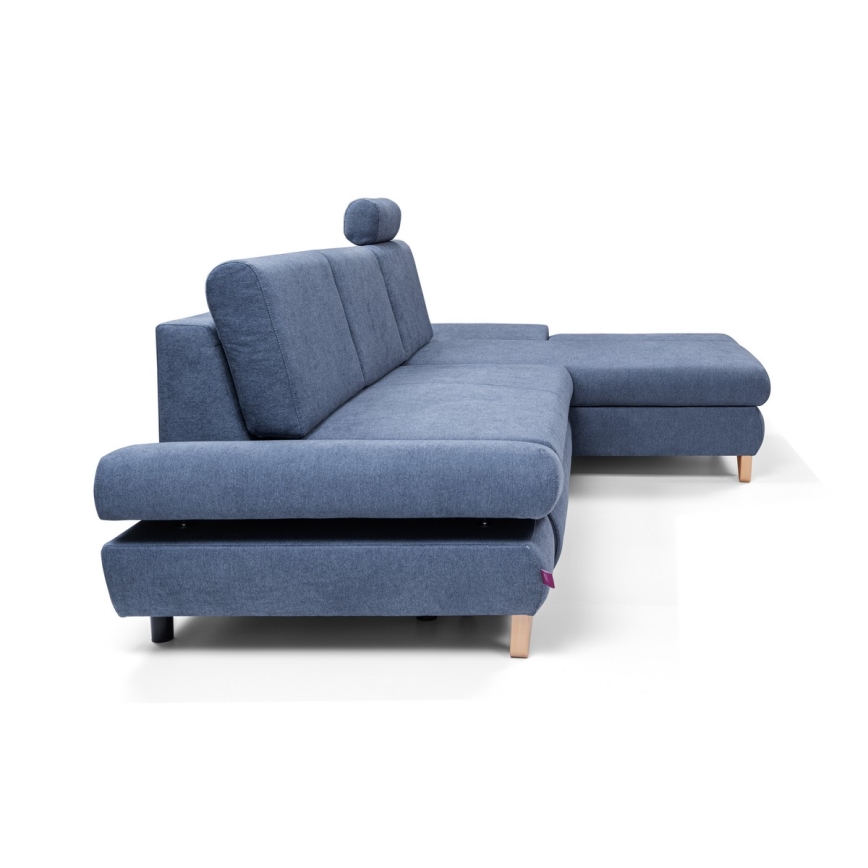 Uitklapbare gestoffeerde hoekbank AVESTA, L-vormig, met opbergruimte, rechts, blauw