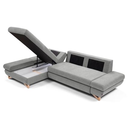 Uitklapbare, gestoffeerde L-vormige hoekbank AVESTA met opbergruimte, links, grijs