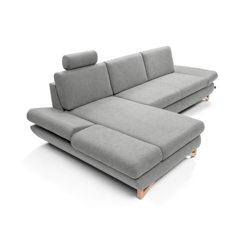 Uitklapbare, gestoffeerde L-vormige hoekbank AVESTA met opbergruimte, links, grijs