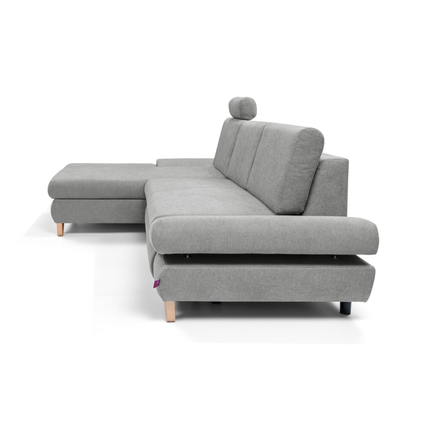 Uitklapbare, gestoffeerde L-vormige hoekbank AVESTA met opbergruimte, links, grijs