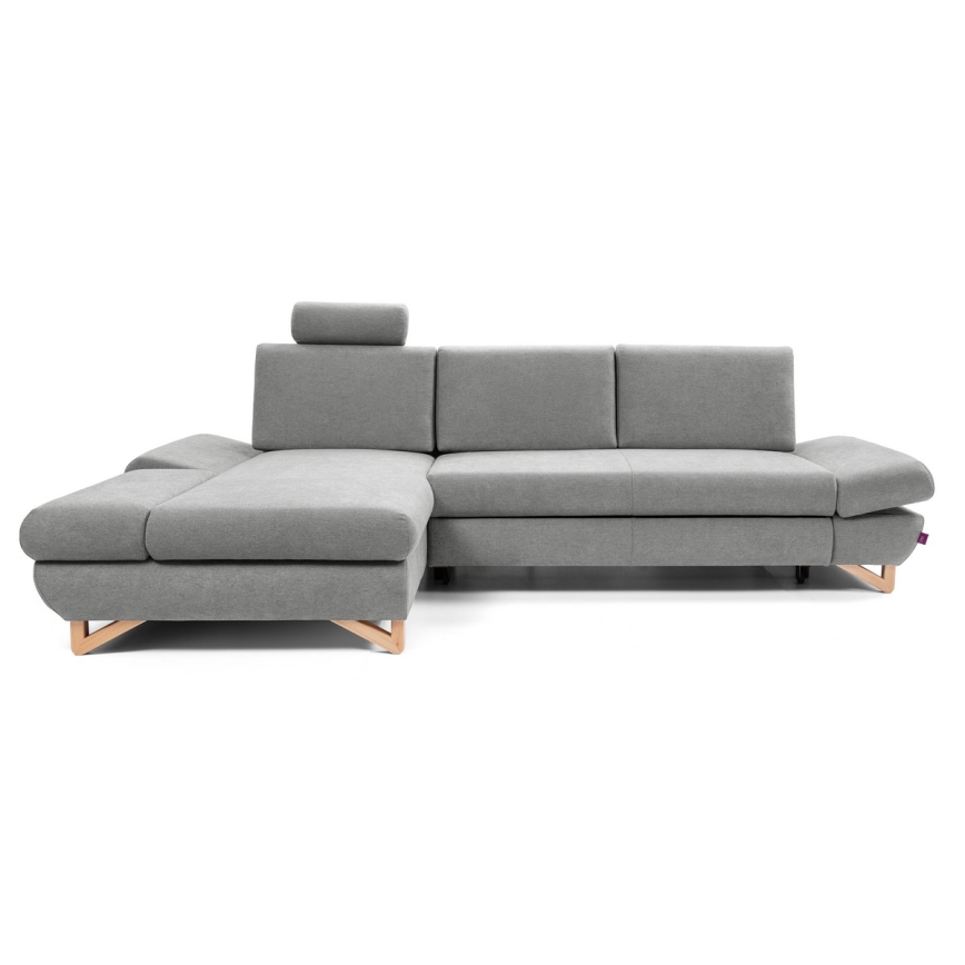 Uitklapbare, gestoffeerde L-vormige hoekbank AVESTA met opbergruimte, links, grijs