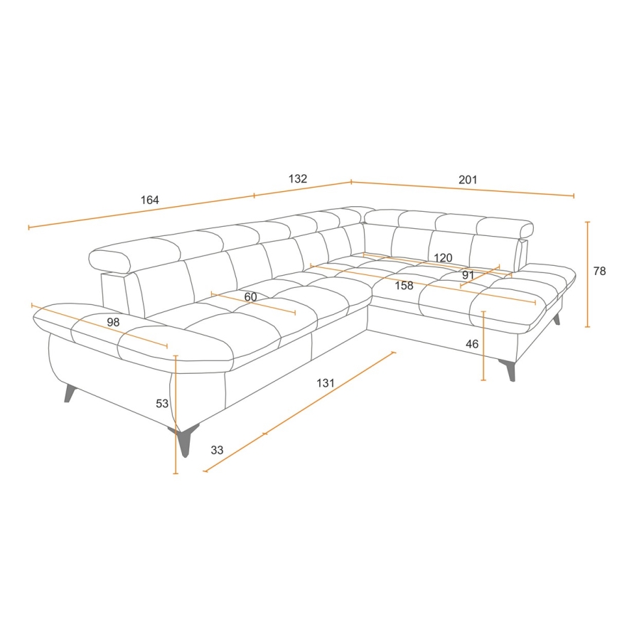 Uitschuifbare hoekbank in L-vorm MARANO rechts, grijs