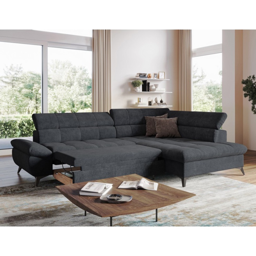 Uitschuifbare hoekbank in L-vorm MARANO rechts, zwart