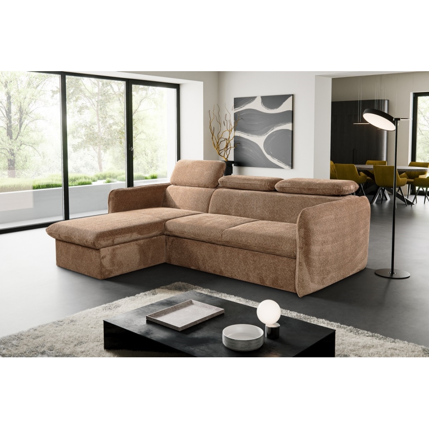 Uitschuifbare hoekbank in L-vorm met opbergruimte BEJA beige links