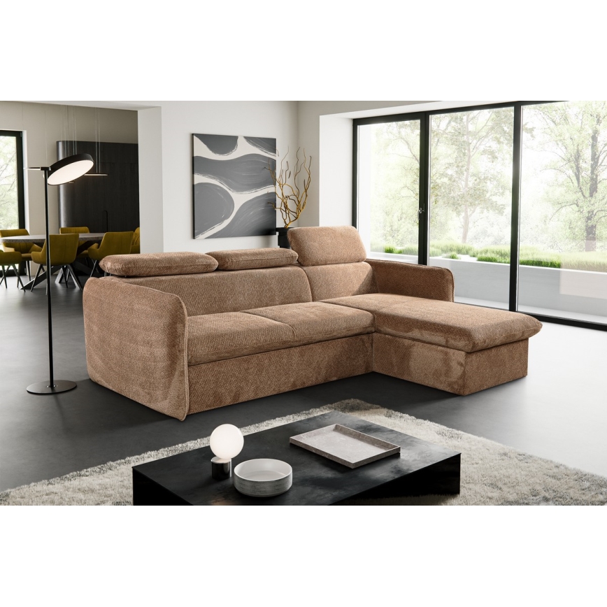 Uitschuifbare hoekbank in L-vorm met opbergruimte BEJA beige rechts