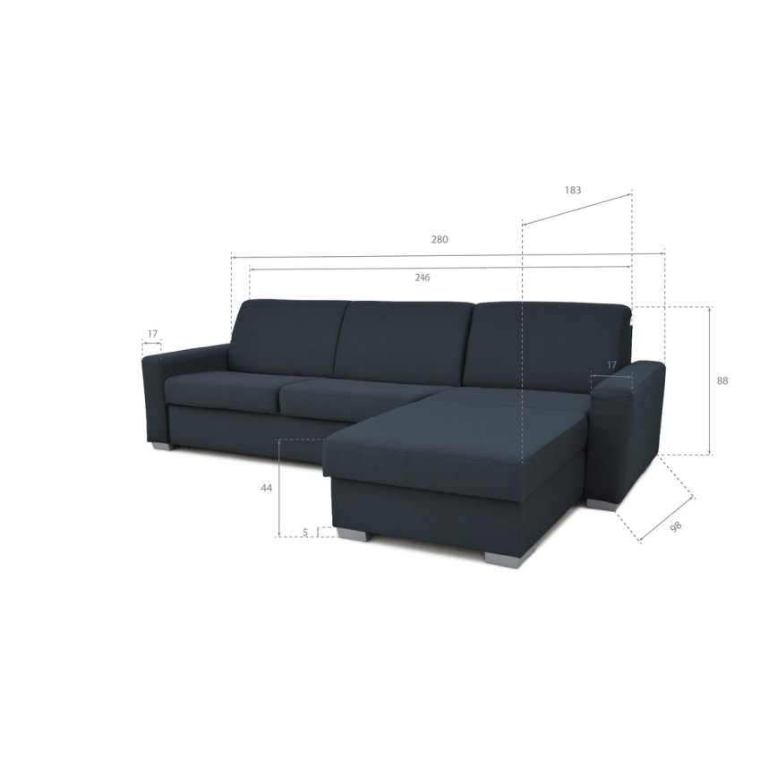 Uitschuifbare hoekbank voor dagelijks gebruik met opbergruimte, L-vormig, LEKA, rechts, blauw