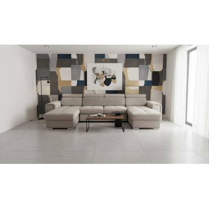 Uitklapbare hoekbank SALVADA met omkeerbare U-hoek en opbergruimte, beige