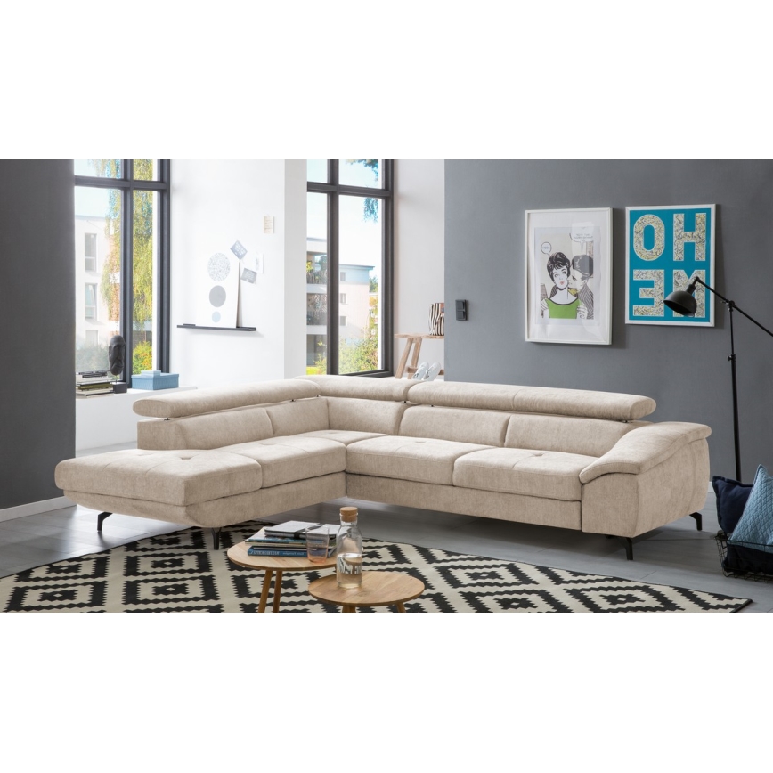 Uitschuifbare hoekbank met opbergruimte in L-vorm BRESCIA links beige