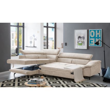 Uitschuifbare hoekbank met opbergruimte in L-vorm BRESCIA links beige