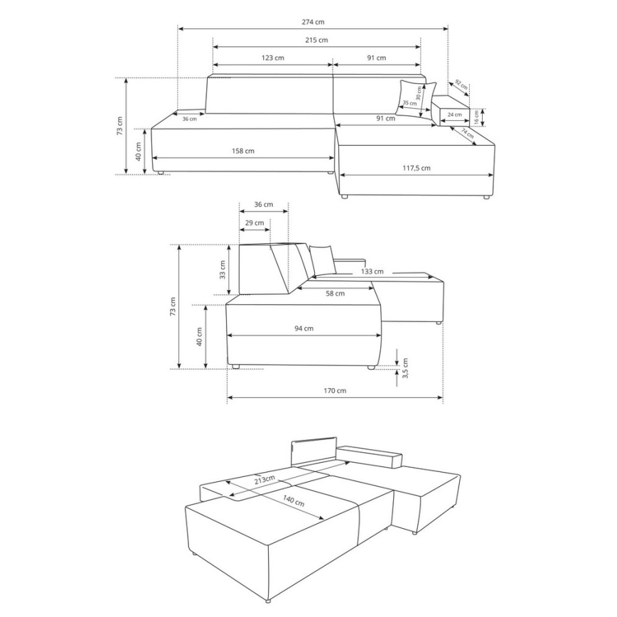 Uitschuifbare hoekbank TERAMO met opbergruimte en slaapfunctie, L-vormig, rechts, beige