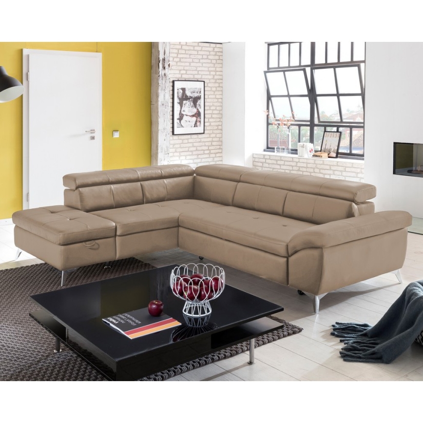 Uitschuifbare leren hoekbank in L-vorm SALERNO II links, bruin