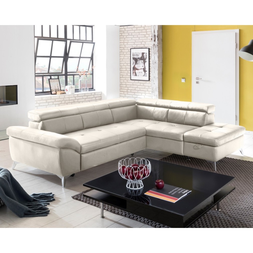 Uitschuifbare leren hoekbank in L-vorm SALERNO II rechts beige