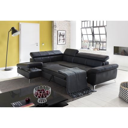 Uitschuifbare leren hoekbank in L-vorm SALERNO II links zwart