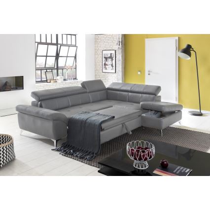 Uitschuifbare leren hoekbank in L-vorm SALERNO II links grijs