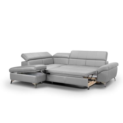 Uitschuifbare leren hoekbank in L-vorm SALERNO II links grijs