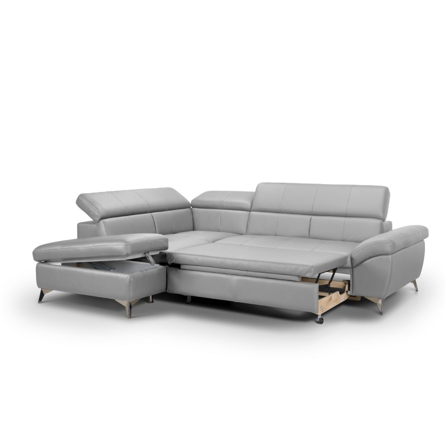 Uitschuifbare leren hoekbank in L-vorm SALERNO II links grijs