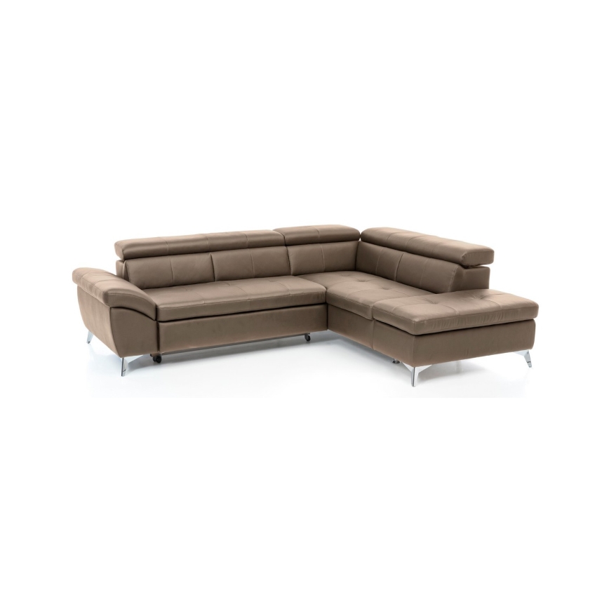 Uitschuifbare leren hoekbank in L-vorm SALERNO II rechts, bruin