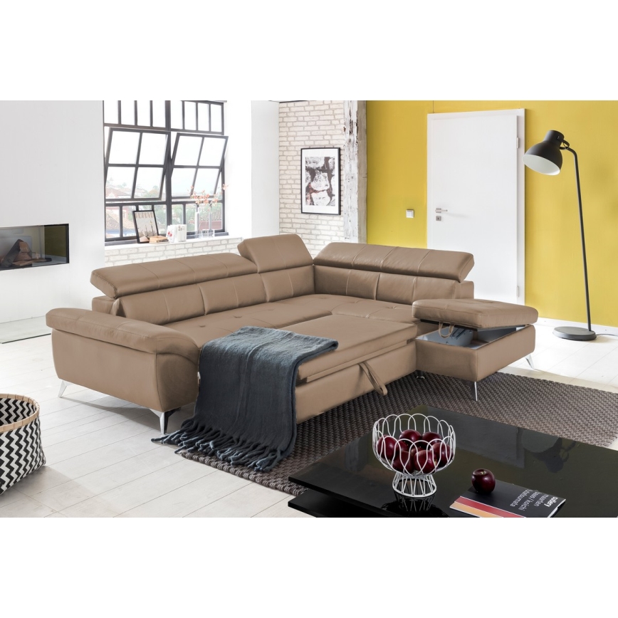 Uitschuifbare leren hoekbank in L-vorm SALERNO II rechts, bruin