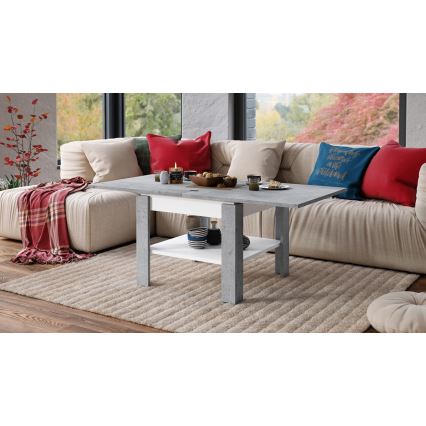 Uitschuifbare salontafel/eettafel met opbergrek LIA grijs beton/wit